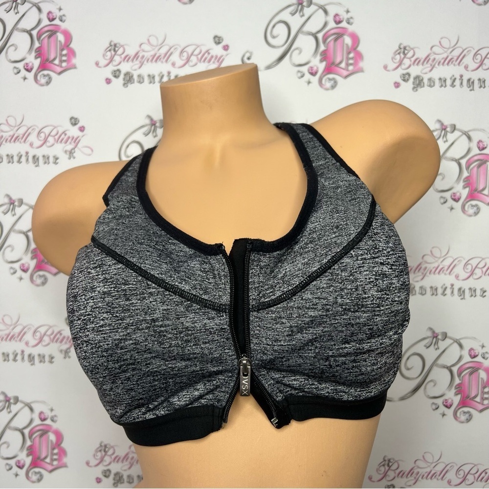 Victoria secret sports bra dual closure zip up grey black sport bra sporty